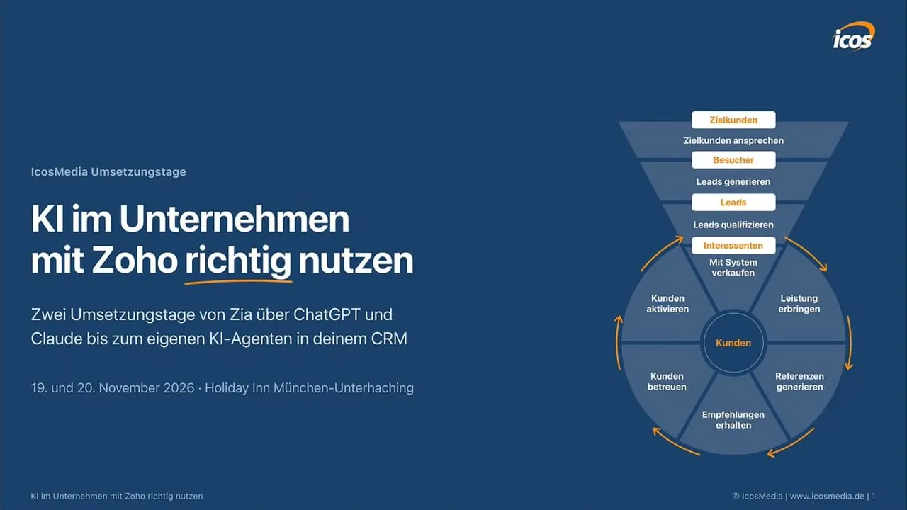 Titelfolie: IcosMedia Umsetzungstage, KI im Unternehmen mit Zoho richtig nutzen